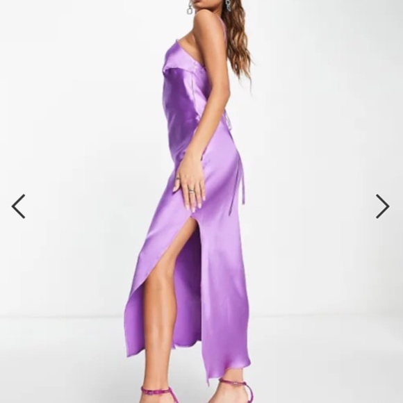 ASOS DESIGN halter satin midi dress with side slit and lace up back in purple - Picture 3 of 9